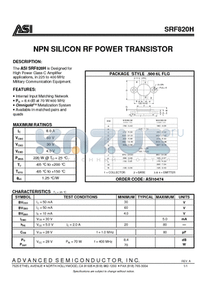 SRF820H datasheet - NPN SILICON RF POWER TRANSISTOR