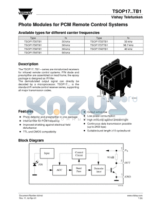 TSOP1730TB1 datasheet - Photo Modules for PCM Remote Control Systems
