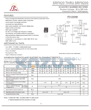 SRF840 datasheet - SCHOTTKY BARRIER RECTIFIER Reverse Voltage - 20 to 200 Volts Forward Current - 10.0Amperes