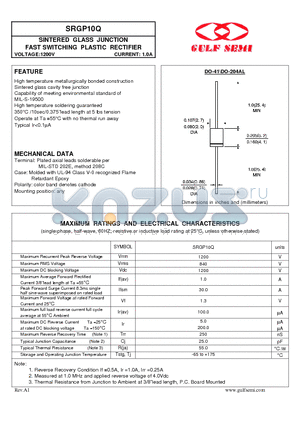 SRGP10Q datasheet - SINTERED GLASS JUNCTION FAST SWITCHING PLASTIC RECTIFIER VOLTAGE:1200V CURRENT: 1.0A