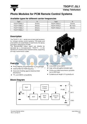 TSOP1740GL1 datasheet - Photo Modules for PCM Remote Control Systems