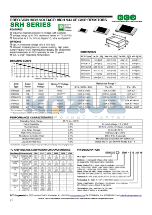 SRH2512-1003-GT datasheet - PRECISION HIGH VOLTAGE/ HIGH VALUE CHIP RESISTORS