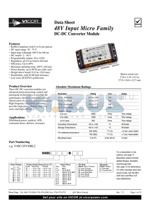 V48C12E150BF2 datasheet - 48V Input Micro Family DC-DC Converter Module