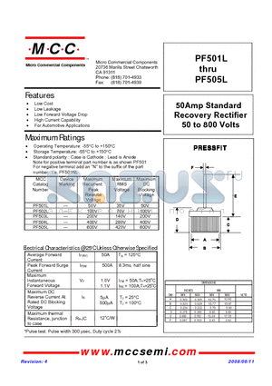 PF501L datasheet - 50Amp Standard Recovery Rectifier 50 to 800 Volts