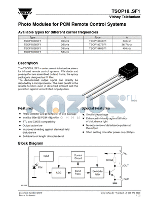 TSOP1833SF1 datasheet - Photo Modules for PCM Remote Control Systems