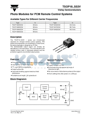 TSOP1833SS3V datasheet - Photo Modules for PCM Remote Control Systems