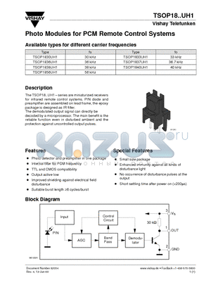 TSOP1833UH1 datasheet - Photo Modules for PCM Remote Control Systems