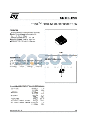 SMTHBT200 datasheet - TRISILTM FOR LINE CARD PROTECTION