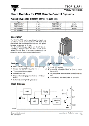 TSOP1833RF1 datasheet - Photo Modules for PCM Remote Control Systems