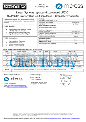 PF5301_TO-18 datasheet - a very High Input Impedance N-Channel JFET amplifier