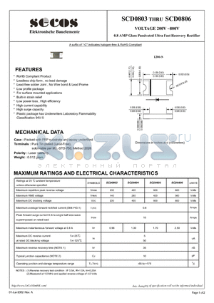 SCD0803 datasheet - VOLTAGE 200V ~800V 0.8 AMP Glass Passivated Ultra Fast Recovery Rectifier