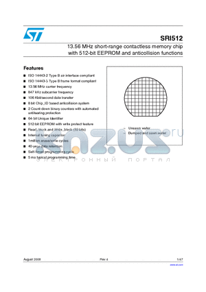 SRI512-W41GE datasheet - 13.56 MHz short-range contactless memory chip with 512-bit EEPROM and anticollision functions