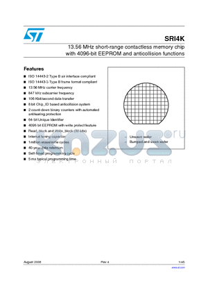 SRI4K datasheet - 13.56 MHz short-range contactless memory chip with 4096-bit EEPROM and anticollision functions