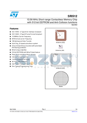 SRI512A3S datasheet - 13.56-MHz Short-range Contactless Memory Chip with 512-bit EEPROM and Anti-Collision functions