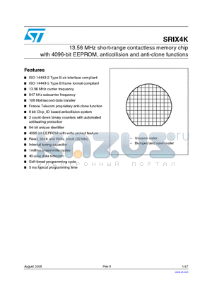 SRIX4K datasheet - 13.56 MHz short-range contactless memory chip with 4096-bit EEPROM, anticollision and anti-clone functions