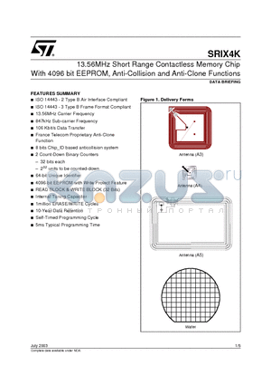 SRIX4K-A3T datasheet - 13.56MHz Short Range Contactless Memory Chip With 4096 bit EEPROM, Anti-Collision and Anti-Clone Functions