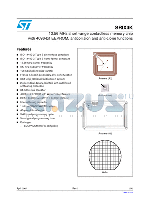 SRIX4K_07 datasheet - 13.56 MHz short-range contactless memory chip with 4096-bit EEPROM, anticollision and anti-clone functions