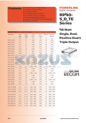 RP40-120512TE datasheet - 40 Watt Single, Dual, Positive Dual & Triple Output