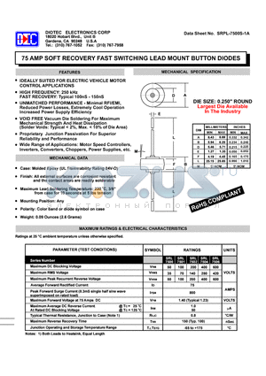SRL-7500 datasheet - 75 AMP SOFT RECOVERY FAST SWITCHING LEAD MOUNT BUTTON DIODES