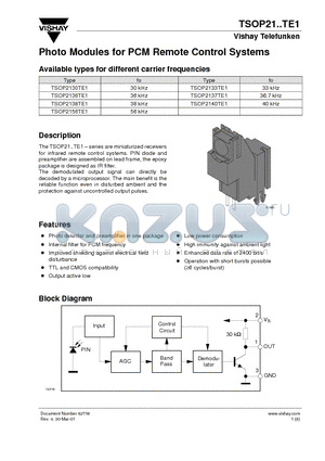 TSOP2136TE1 datasheet - Photo Modules for PCM Remote Control Systems