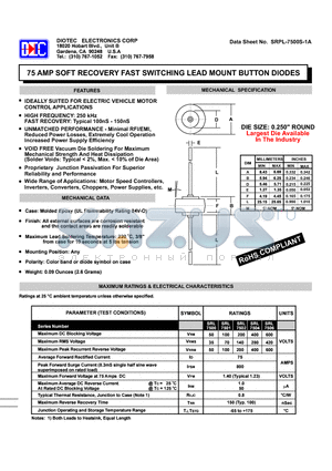 SRL-7505 datasheet - 75 AMP SOFT RECOVERY FAST SWITCHING LEAD MOUNT BUTTON DIODES