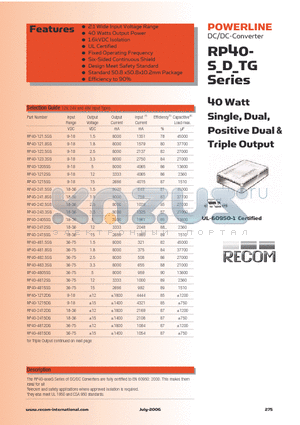 RP40-1205SG datasheet - 40 Watt Single, Dual, Positive Dual & Triple Output