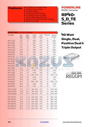 RP40-1212DE datasheet - 40 Watt Single, Dual, Positive Dual & Triple Output