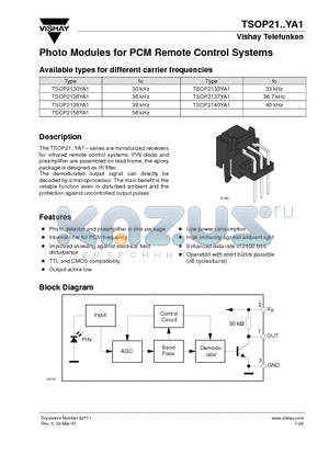 TSOP2140YA1 datasheet - Photo Modules for PCM Remote Control Systems