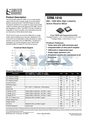 SRM-1016 datasheet - 800 - 1000 MHz High Linearity Active Receive Mixer