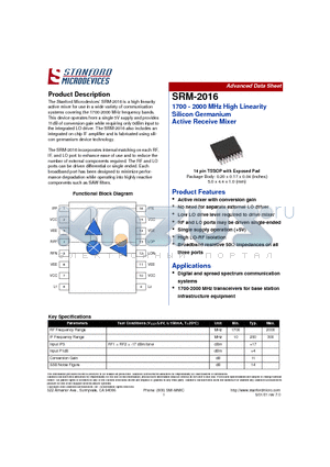 SRM-2016 datasheet - 1700 - 2000 MHz High Linearity Silicon Germanium Active Receive Mixer
