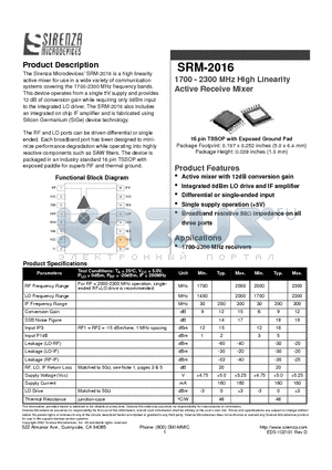 SRM-2016 datasheet - 1700 - 2300 MHz High Linearity Active Receive Mixer