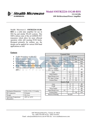 SMTR2224-11G40-RSS datasheet - 2.2-2.4 GHz 10W Bi-Directional Power Amplifier