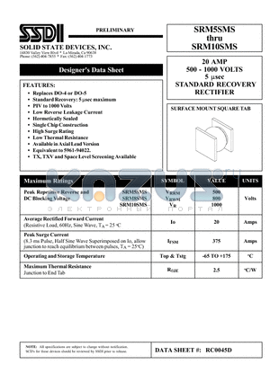 SRM10SMS datasheet - 20 AMP 500 -1000 VOLTS 5 usec STANDARD RECOVERY RECTIFIER