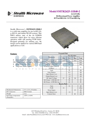 SMTR2425-11B40-2 datasheet - 2.4-2.5 GHz Bi-Directional Power Amplifier