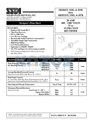 SRM10UFSMS datasheet - 20 AMP 600 - 1200 VOLTS 75 ns ULTRA FAST RECTIFIER