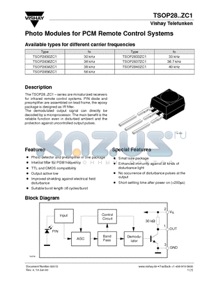 TSOP2830ZC1 datasheet - Photo Modules for PCM Remote Control Systems