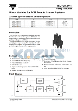 TSOP2836UH1 datasheet - Photo Modules for PCM Remote Control Systems