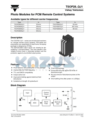 TSOP2837QJ1 datasheet - Photo Modules for PCM Remote Control Systems