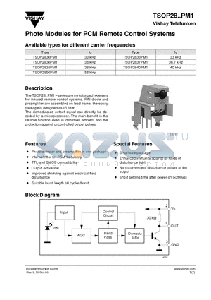 TSOP2840PM1 datasheet - Photo Modules for PCM Remote Control Systems