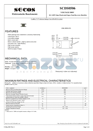 SCDS0506 datasheet - VOLTAGE 800V 0.5 AMP Glass Passivated Super Fast Recovery Rectifier