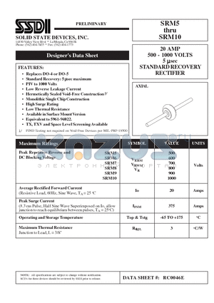 SRM5 datasheet - 20 AMP 500 - 1000 VOLTS 5 usec STANDARD RECOVERY RECTIFIER