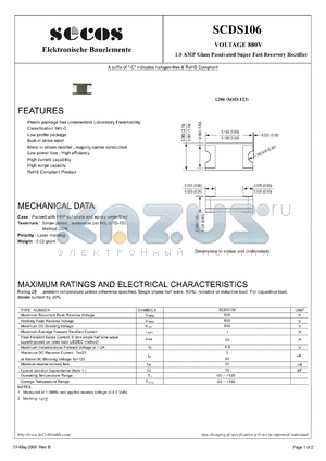 SCDS106 datasheet - VOLTAGE 800V 1.0 AMP Glass Passivated Super Fast Recovery Rectifier