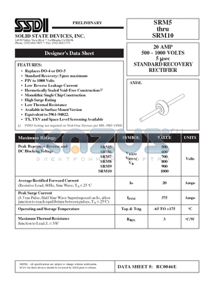SRM6 datasheet - 20 AMP 500 - 1000 VOLTS 5 usec STANDARD RECOVERY RECTIFIER