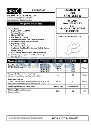 SRM6SBTR datasheet - 60 AMP 600 - 1200 VOLTS 5 us STANDARD RECOVERY RECTIFIER