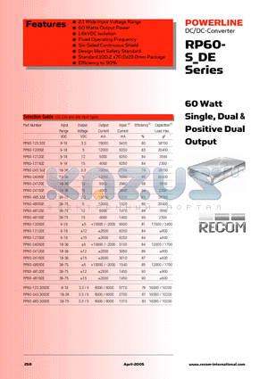 RP60-1212SE datasheet - 60 Watt Single, Dual & Positive Dual Output