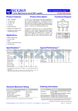 SCG015 datasheet - 1/4 Watt, High Linearity InGaP HBT Amplifier