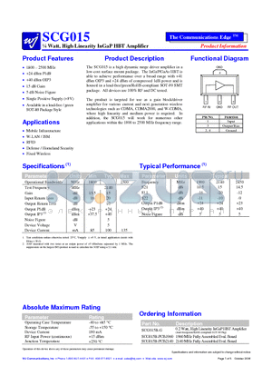 SCG015 datasheet - l Watt, High Linearity InGaP HBT Amplifier