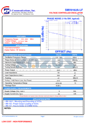 SMV0162A-LF datasheet - VOLTAGE CONTROLLED OSCILLATOR