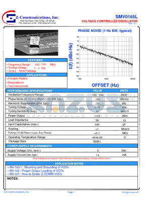 SMV0165L datasheet - LOW COST - HIGH PERFORMANCE VOLTAGE CONTROLLED OSCILLATOR