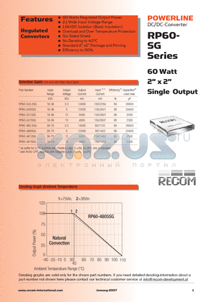 RP60-2412SG datasheet - 60 Watt 2 x 2 Single Output